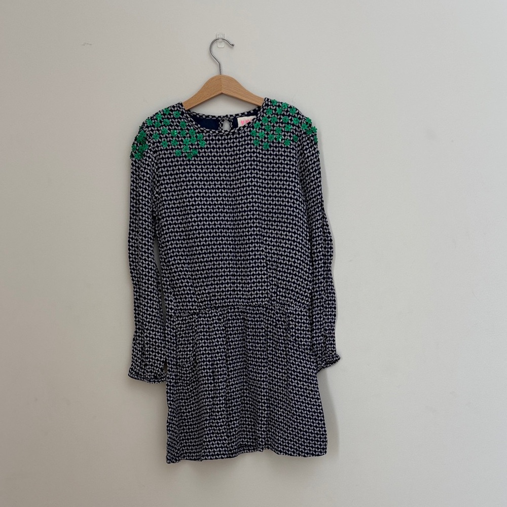 Mim-Pi Girls Navy Geometric Print Dress Age 12-14 Green Sequin Shoulder Detail
